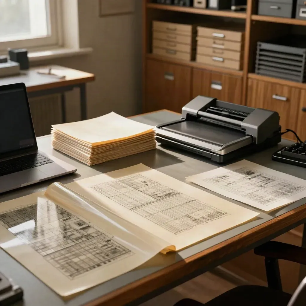 Escritorio de estudio con escaneos antiguos, acetatos y archivos CAD junto a un portátil cerrado.