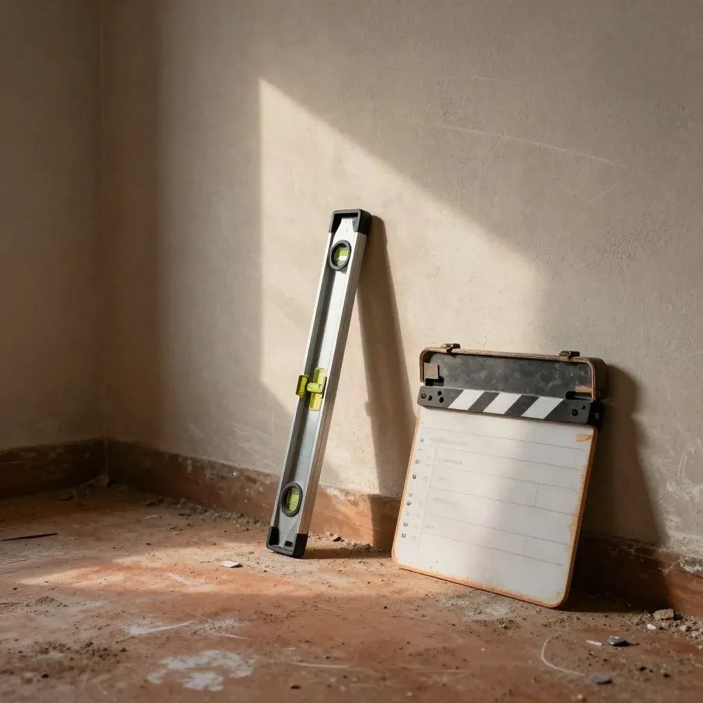 Esquina interior de obra con marcas de tiza, nivel, maletín y tablero de replanteo.