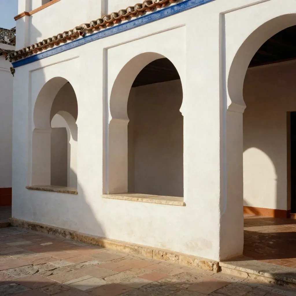 Patio sevillano encalado con arco y huecos corregidos, piedra al sol y calor temblando.