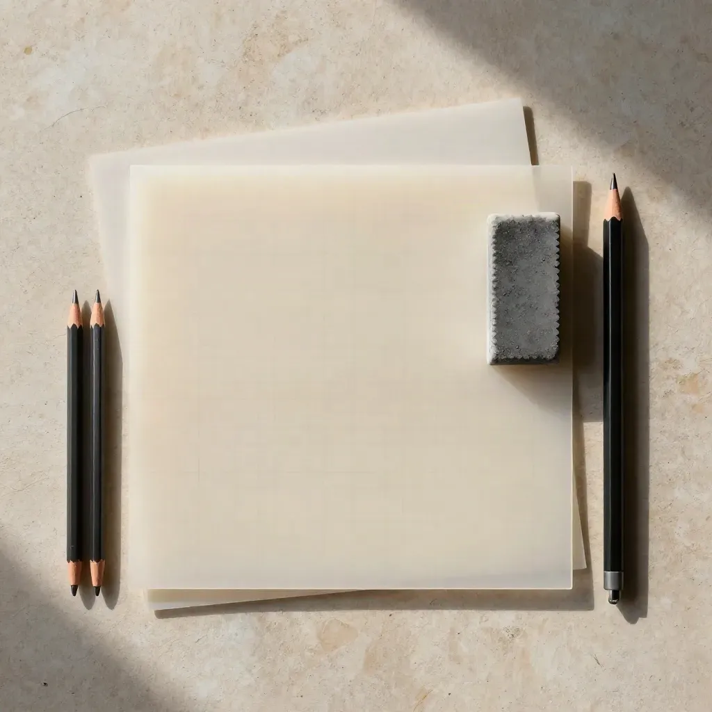Flatlay de láminas de acetato, minas de grafito, goma y clip negro sobre piedra clara.