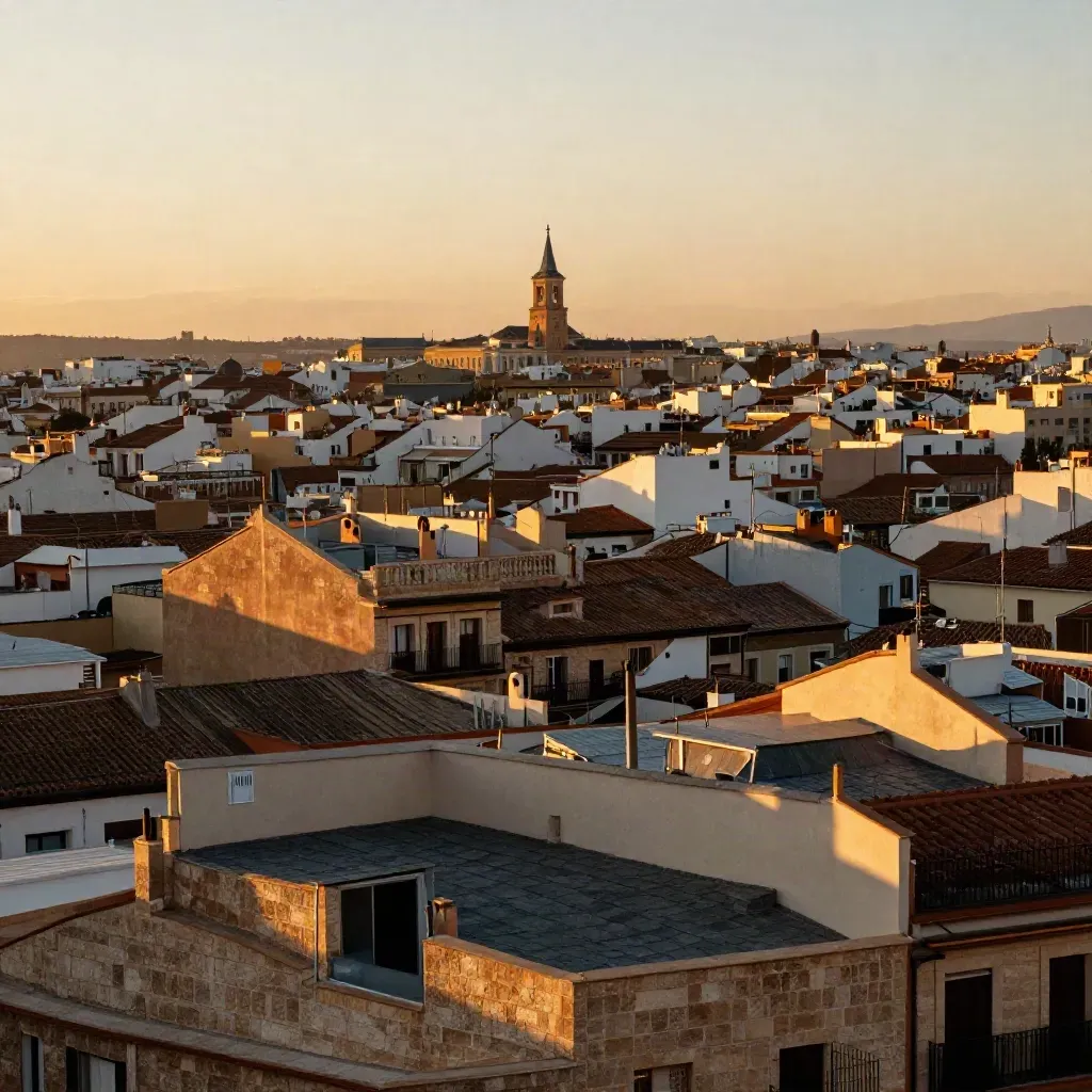 Vista aérea de tejados de Madrid al atardecer con la Torre de Madrid entre la bruma